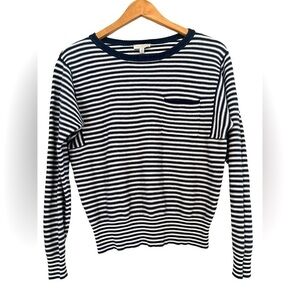 Lucky Brand Women Sz L Navy White Striped Sweater Sailor Chic Coastal Nautical